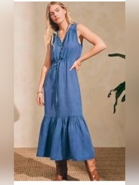 Faherty Dress Women’s M Ojai Dress in Washed Blue Linen tencel Midi